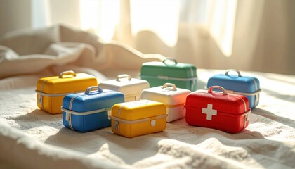 Fototapeta premium FlyPro Firefly Miniature First-Aid Kits Compact Brightly Colored Scattered on Soft Textile Surface Professional Camera