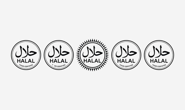 Halal Food Certified Vector Seal Collection Featuring Arabic Calligraphy and Circle Stamp Designs for Islamic Dietary Law Compliance and Packaging Labels