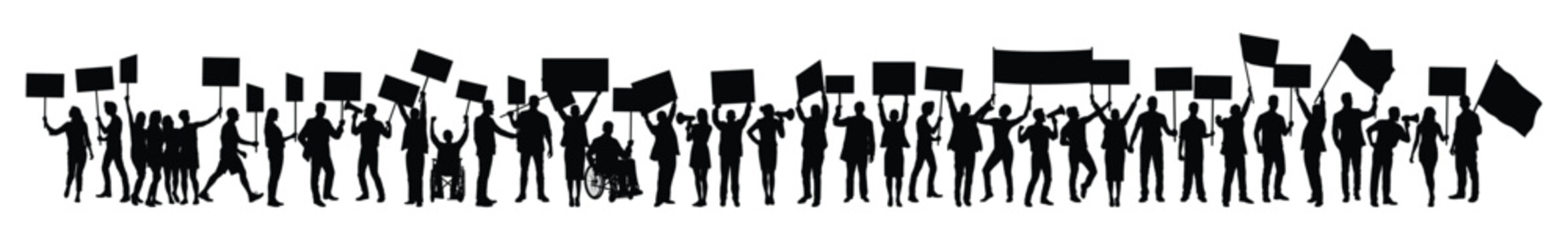 Diverse crowd of people protesting with placards banners signs and flags walking on the street at protest march black silhouettes vector on white background.