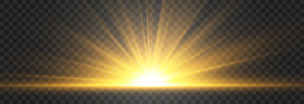 Golden sun rising from the horizon with blinding light rays isolated on transparent background, sunrise or sunset vector illustration