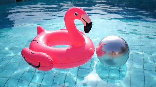 A vibrant pink flamingo pool float and a reflective beach ball floating in a clear swimming pool with sunlight reflections on the water's surface