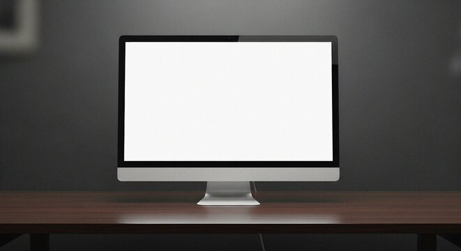 Sleek silver desktop monitor showcasing blank white screen on a dark wooden office desk with subtle ambient lighting