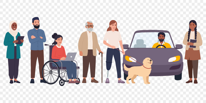 Diverse group of people with disabilities and elderly characters isolated on transparent background, inclusion and diversity concept vector illustration