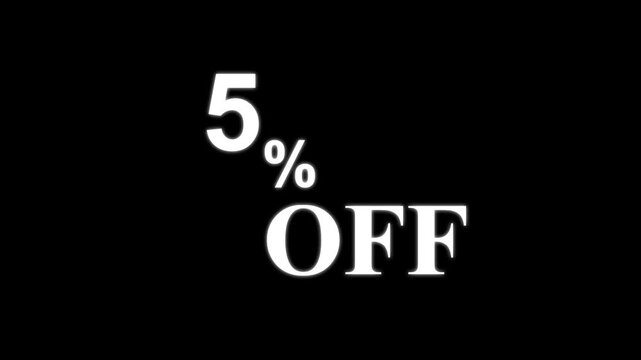 Abstract 5 Percent Off Discount Sale Animation. Minimalist White Text on Black Background for Retail Promotion and Marketing. 4k motion graphics animation.