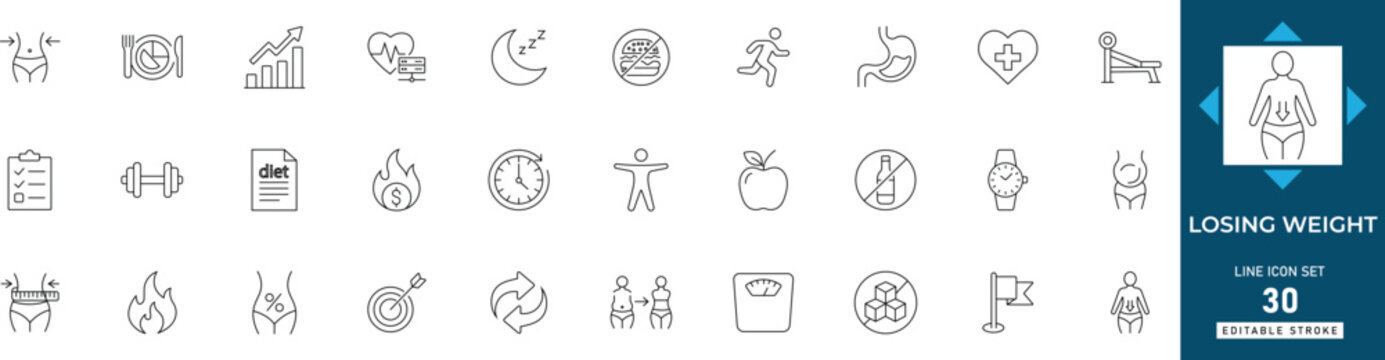 Losing weight line icon set featuring weight loss, diet, fitness, health, nutrition, workout, and measurement. Professional editable vector set. 