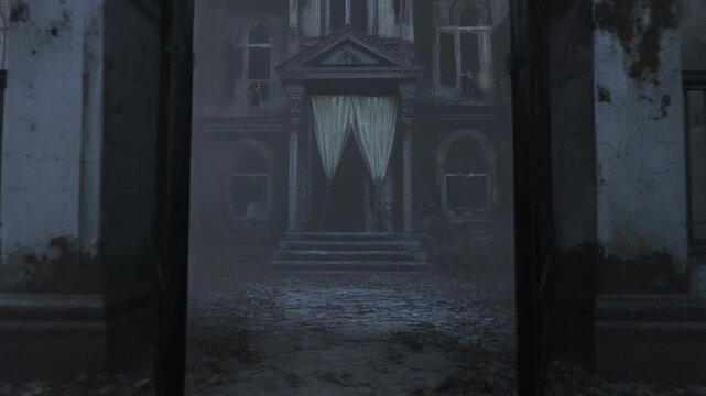 Creepy Haunted Mansion Gate Opening in Dark Foggy Night Scene