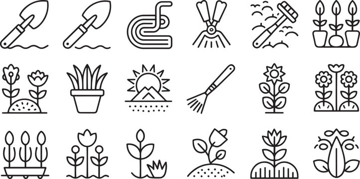 Collection of hand drawn gardening tools and plants isolated on transparent background