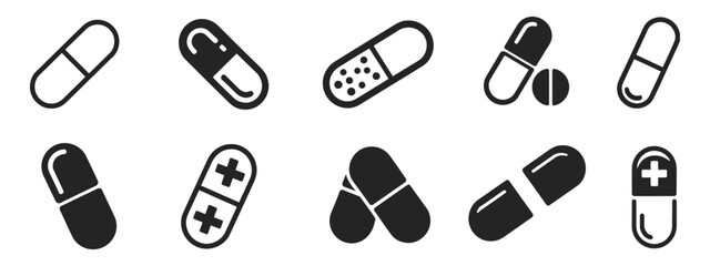 Capsule Glyph Pill Icons Set, Medical Capsule Pictogram Black Silhouette Medicine Pharmaceutical Drug Symbol Vector Isolated Design