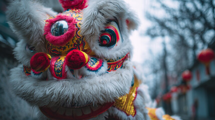 Obraz premium A performer wearing a colorful lion dance costume close-up ,Chiness New Year, photo style