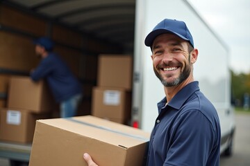 Confident Professional Mover Smiling as He Deals with a Delivery Truck on Site.