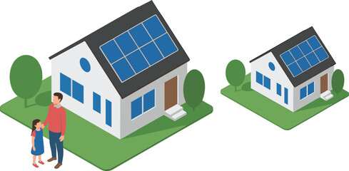3D isometric solar panel house illustration, modern eco friendly home with renewable energy system and family concept © Md Golam Shahariyar