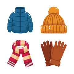 Cozy winter clothing set with puffer jacket yellow knit hat striped scarf and brown gloves, vector illustration for ski trip © RA Studio