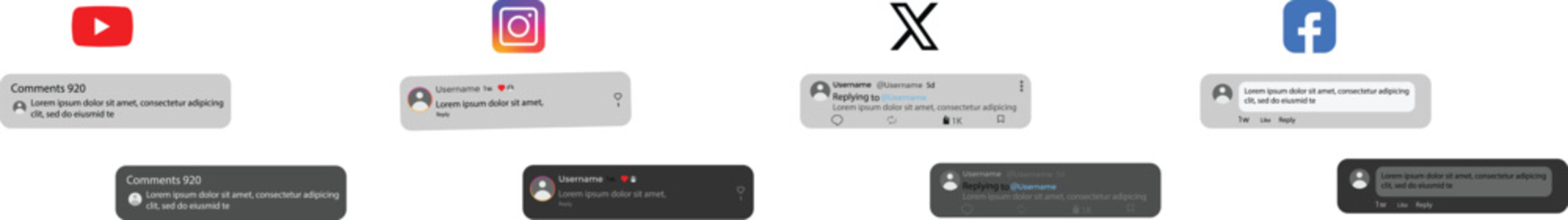 Social media comments UI mockup for YouTube comments. YouTube,  X, and Facebook and Instagram comment interface mockup. comments Light and dark mode interface design template
