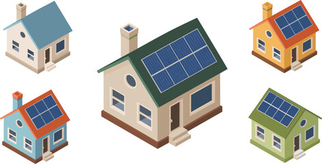 Isometric 3D solar panel houses set, colorful eco friendly homes with renewable energy sustainable architecture illustration