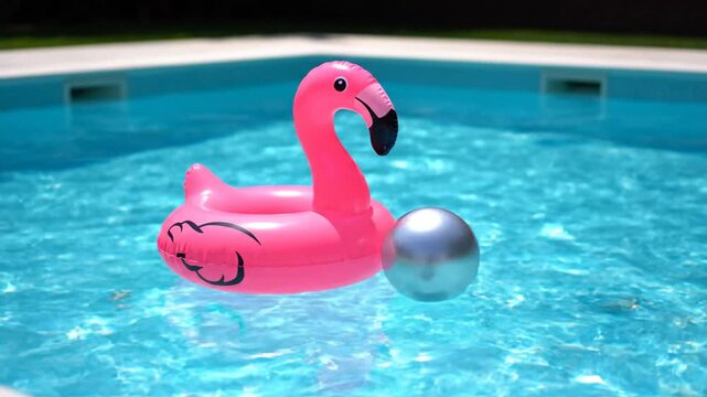 A pink inflatable flamingo float with a silver ball floats in a swimming pool with clear blue water on a sunny day from a low angle viewpoint