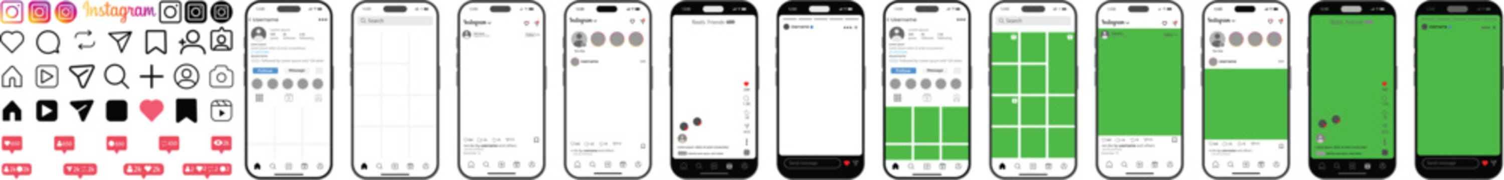 Instagram reels home story and post feed UI template mockup with iPhone interface layout in White and green modes, Instagram post mockup with smartphone. Latest update social network mobile app