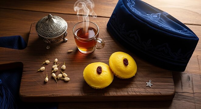 Traditional Kue Lumpur or mud cake with raisins served with hot tea and a blue Muslim cap on a wooden board.