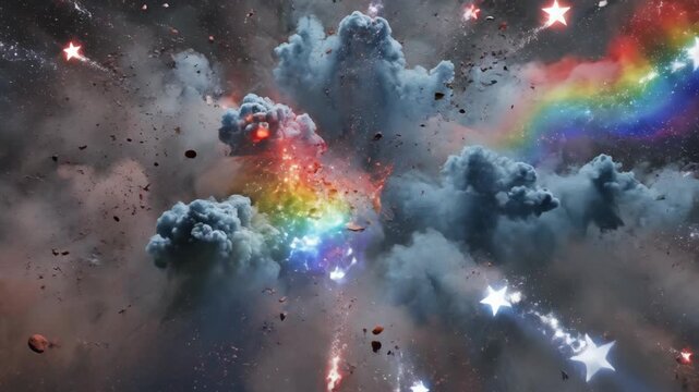 Patriotic Explosion of Stars and a Rainbow in an Abstract Background 3D Render