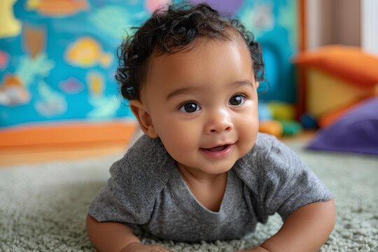 Happy baby crawling on a colorful rug with bright decorations, capturing joyful expression and playful atmosphere of early childhood at home.