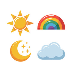 Sun, moon with stars, cloud and rainbow symbols for climate awareness week, festival banner, weather app interface, education vector design