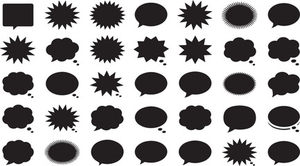 Collection of various hand drawn speech and star burst explosion shapes isolated on transparent background