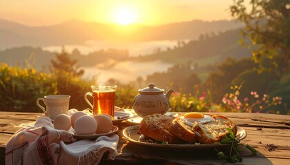 Serene Breakfast on Wooden Table at Sunrise.