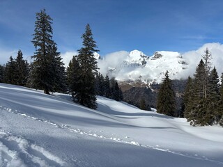 Fototapeta premium Alpine Panorama with Snowy Slopes and Distant Peaks