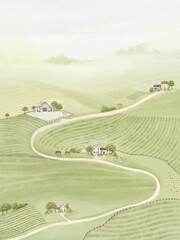 Naklejka premium Watercolor landscape with countryside, houses, farm, animals and trees on background green meadows, fields and hills. Hand drawn print with beautiful natural composition, ecology rural illustration.