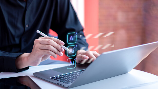 virtual AI artificial intelligence text generation icons. This smart software and future machine learning concept shows a professional working with automated digital algorithms.