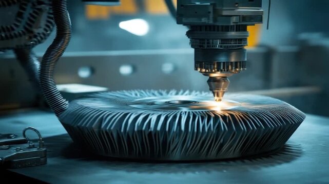 A precision machine cutting a metal part. Sparks fly as it shapes the object with intricate detail