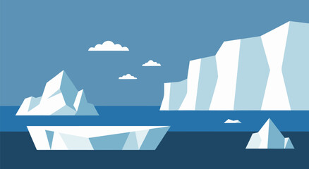 Calm vector illustration of floating icebergs in tranquil blue ocean beneath soft clouds © PDWN Creative