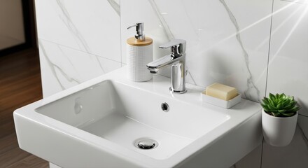 Fototapeta premium Modern bathroom sink with chrome faucet, natural soap, and succulent plant creates a clean, elegant aesthetic
