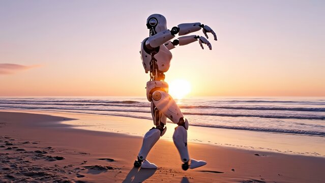 Dancing robot performs rhythmic movements on sandy beach at sunset, showcasing fluid motion against the backdrop of ocean waves and colorful sky