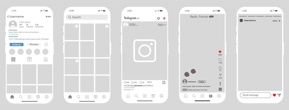 instagram new grid size template update. Instagram new update template with smartphone. Instagram social network app UI interface mockup design. Instagram post reels story template frame with phone mo