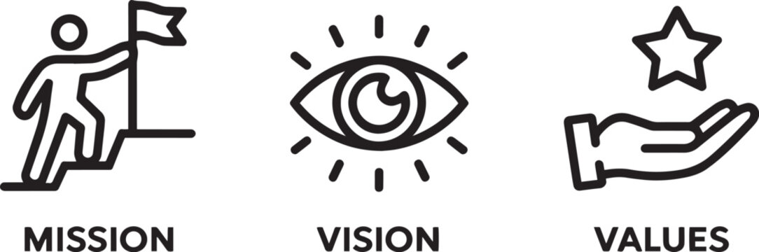 Hand drawn icons representing mission vision and values for business strategy planning