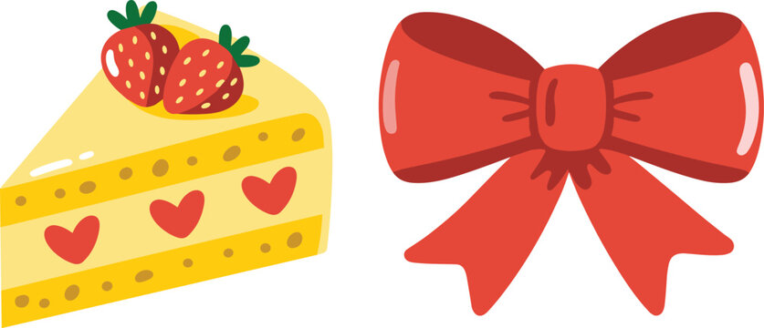 Vector illustration of a slice of strawberry cake and a red bow for festive, sweet, and dessert-themed designs.