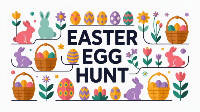 Colorful easter egg hunt graphic with bunnies baskets flowers and decorated eggs on white background