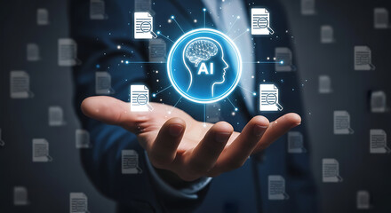 Fototapeta premium Human hand holding glowing artificial intelligence brain icon surrounded by digital document scanning symbols