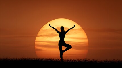 Abstract yoga silhouette in front of a giant rising sun, peaceful, orange tones