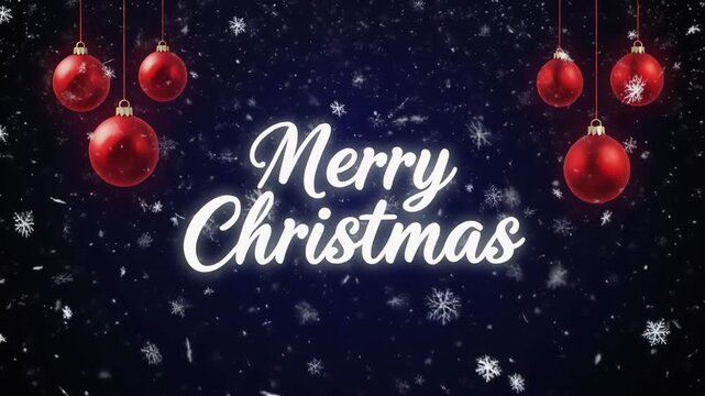 Merry Christmas Text with Red Ornaments and Falling Snow