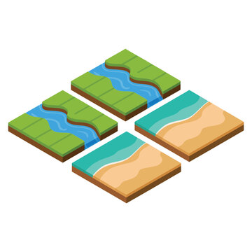 Isometric terrain tiles set with river bend, farmland patch, beach sand for game map builder, landscape planning, travel infographic design