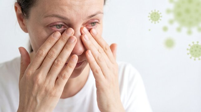 Woman suffering from allergies or sinus pain.