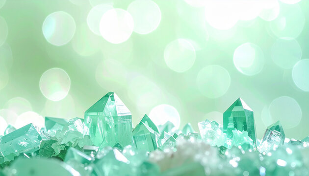 エメラルドグリーンの大きな水晶がそびえる幻想的な構図