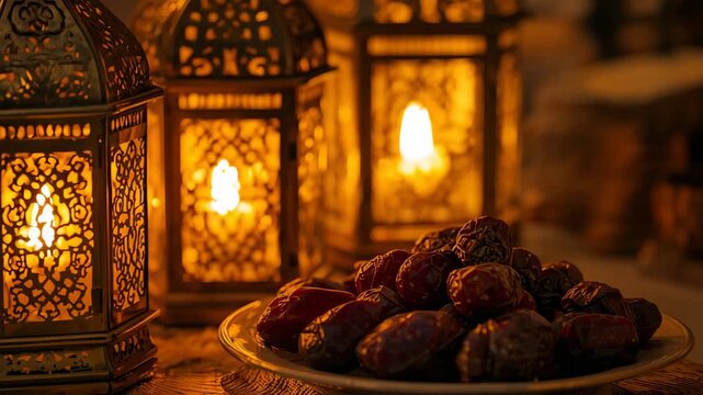 Decorative lanterns glowing beside plate of dates in warm evening setting
