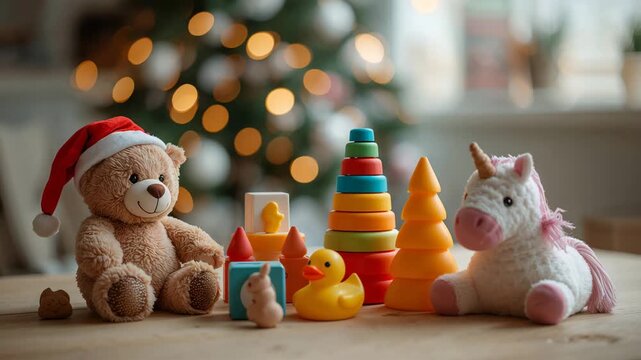 Plush teddy bear and colorful toys on table with blurred Christmas tree lights background