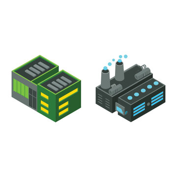 Data center and power plant isometric icons with cooling vents, server modules, chimneys and pipelines, industrial infrastructure graphics for dashboards