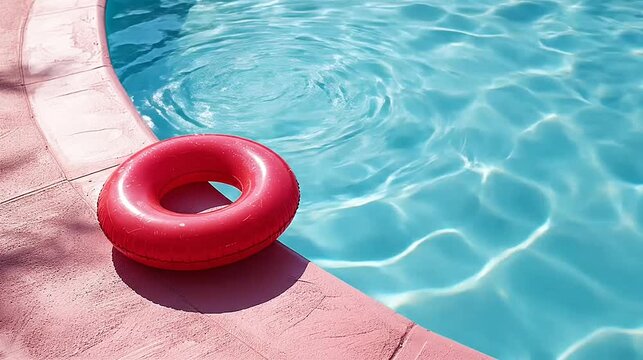 Red inflatable ring rests on a textured pink pool edge by clear, sparkling blue water