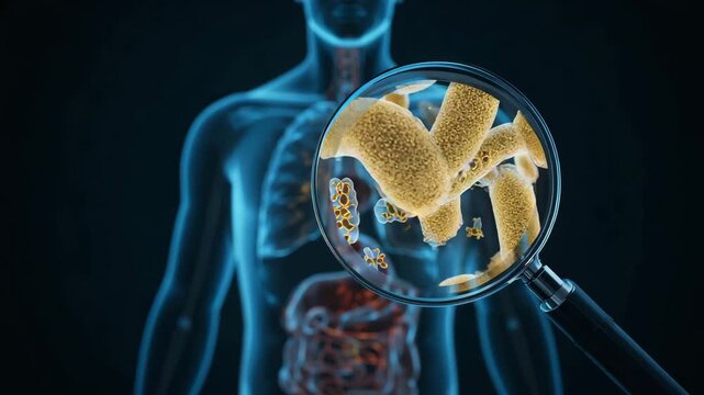 Human torso anatomy illustration with magnified intestinal bacteria under circular lens