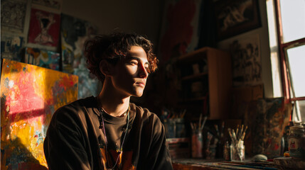 Obraz premium Ai Person sitting in an art studio with warm light, reflecting on their thoughts and creativity during the day