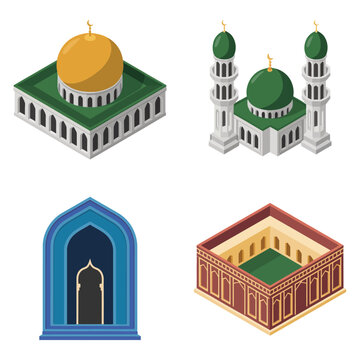 Islamic landmark icons with golden dome mosque, twin minarets, iwan gateway, arcaded courtyard for Eid prayer poster, pilgrimage travel design